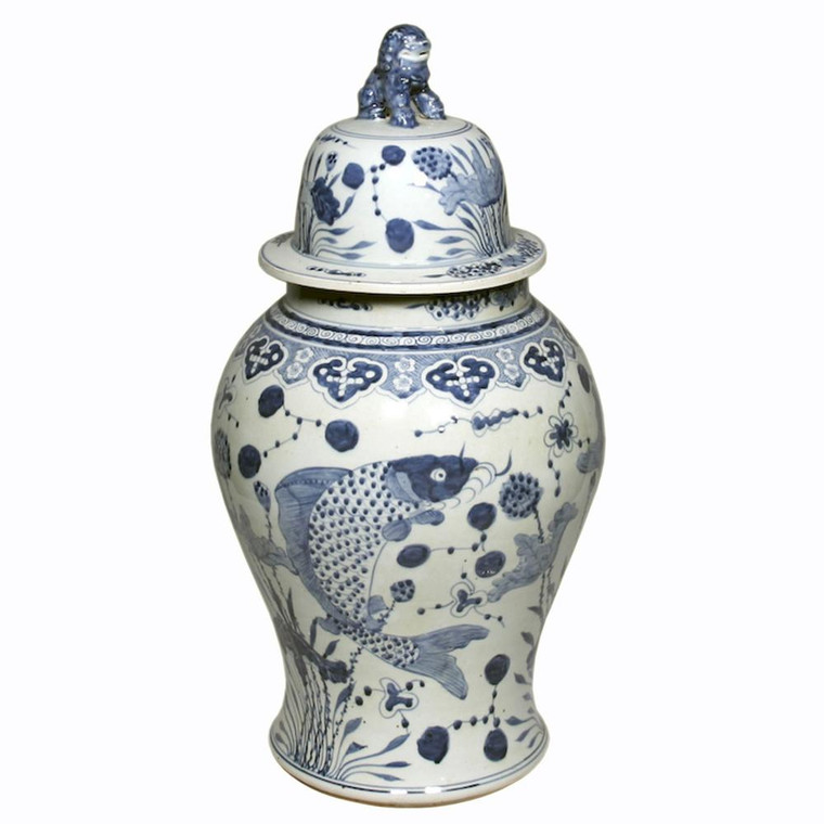 1208 Legend Of Asia Blue & White Fish Temple Jar