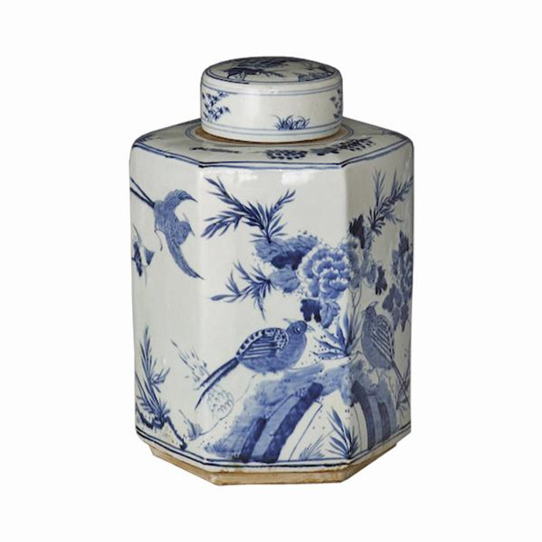 1304 Legend Of Asia Blue & White Hexagonal Flower Bird Tea Jar