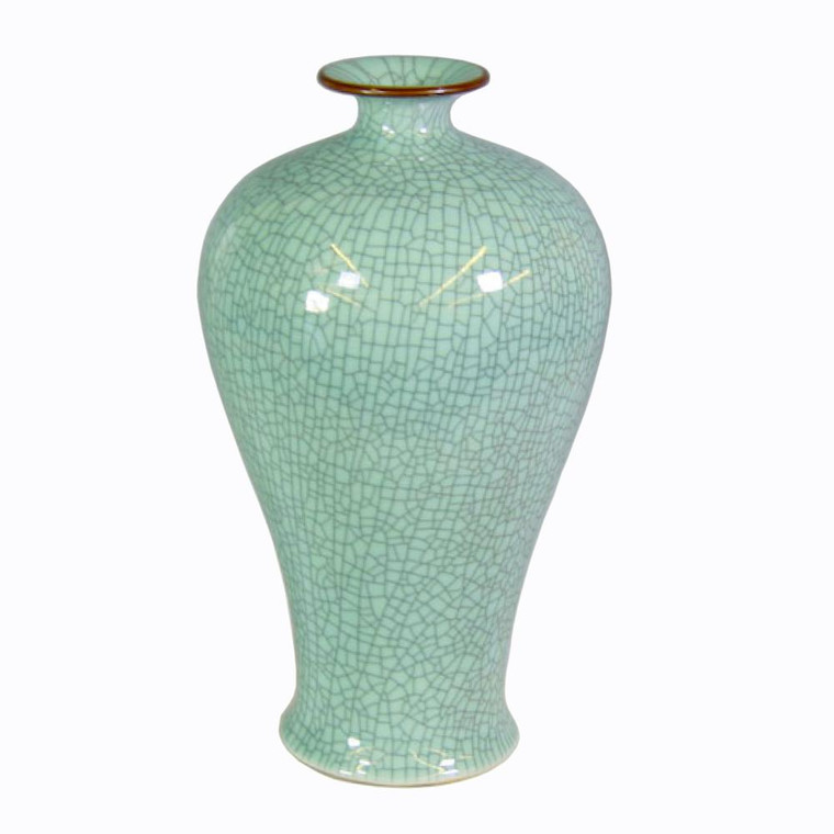 1734 Legend Of Asia Crackle Celadon Prunus Vase With Brown Lip