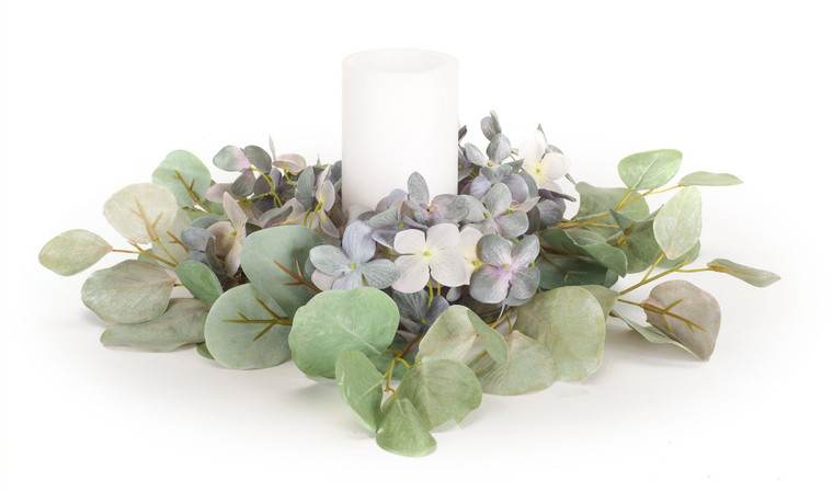 Melrose Hydrangea/Eucalyptus Candle Ring (Set Of 4) 14"D Polyester (Fits 4.5" Candle) 74516DS