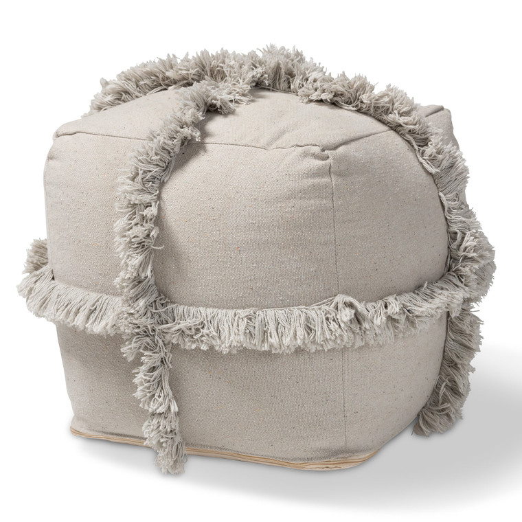 Baxton Alfro Moroccan Inspired Grey Handwoven Cotton Fringe Pouf Ottoman Alfro-Grey-Pouf