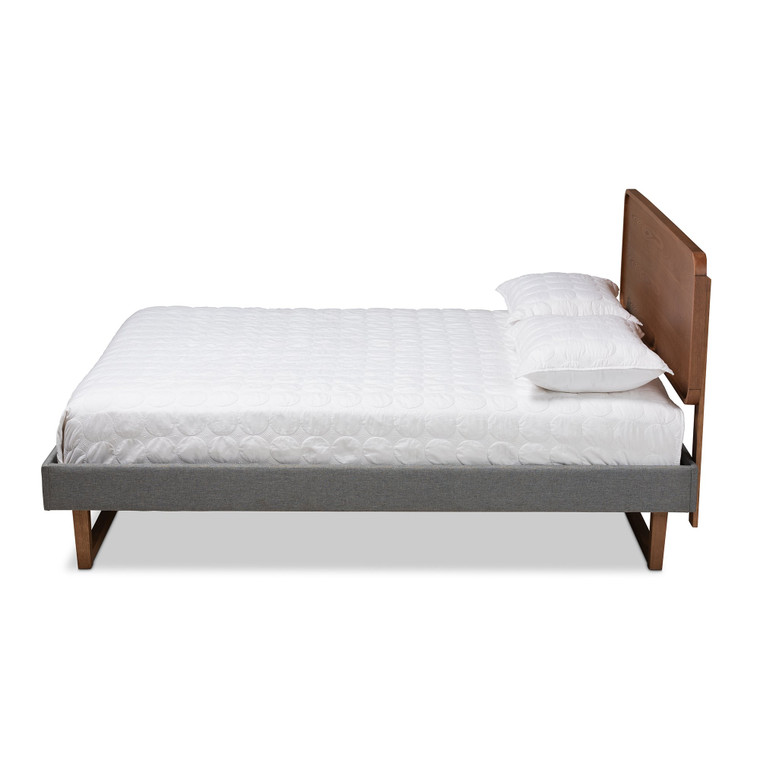 Baxton Ayla Mid-Century Modern Dark Grey Fabric Upholstered Walnut Brown Finished Wood King Size Platform Bed Ayla-Dark Grey/Ash Walnut-King