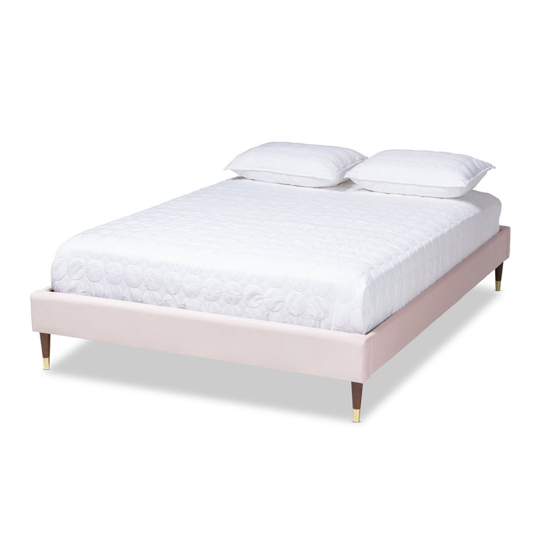 Baxton Volden Glam And Luxe Light Pink Velvet Fabric Upholstered Full Size Wood Platform Bed Frame With Gold-Tone Leg Tips BBT6598A1-Light Pink-Full