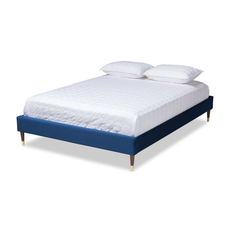 Baxton Volden Glam And Luxe Navy Blue Velvet Fabric Upholstered Full Size Wood Platform Bed Frame With Gold-Tone Leg Tips BBT6598A1-Navy Blue-Full
