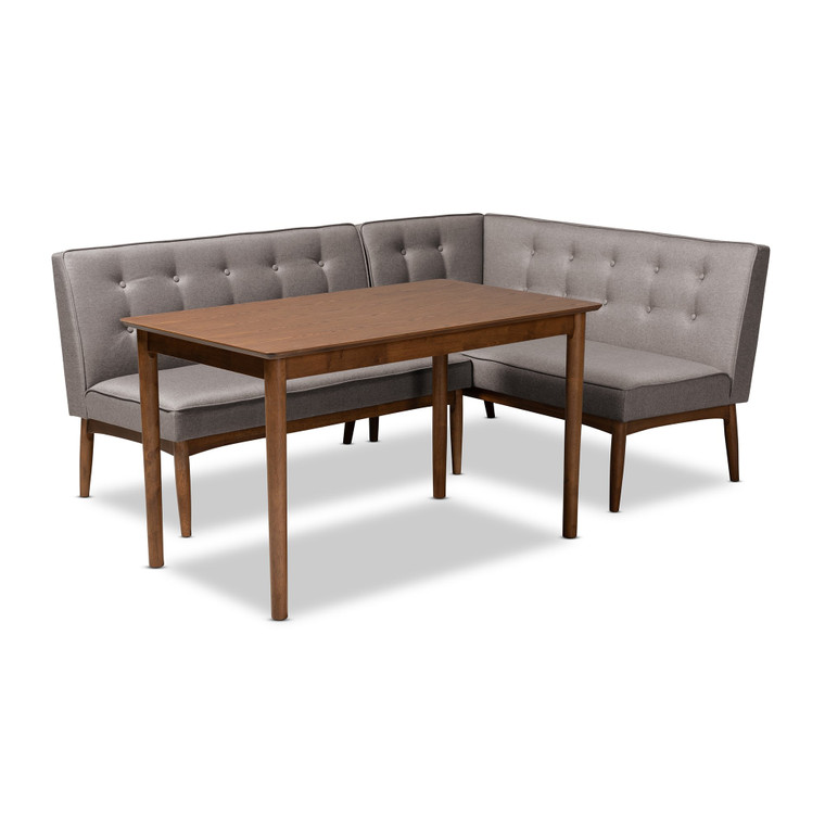 Baxton Arvid Mid-Century Modern Gray Fabric Upholstered 3-Piece Wood Dining Nook Set BBT8051-Grey/Walnut-3PC Dining Nook Set