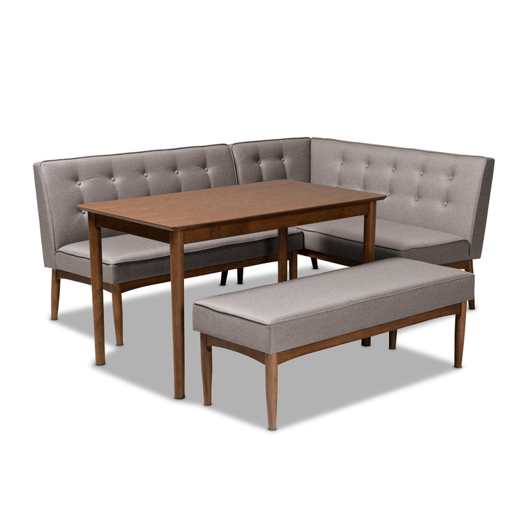 Arvid Mid-Century Modern Gray Fabric Upholstered 4-Piece Wood Dining Nook Set Bbt8051-Grey/Walnut-4Pc Dining Nook Set BBT8051-Grey/Walnut-4PC Dining Nook Set By Baxton Studio