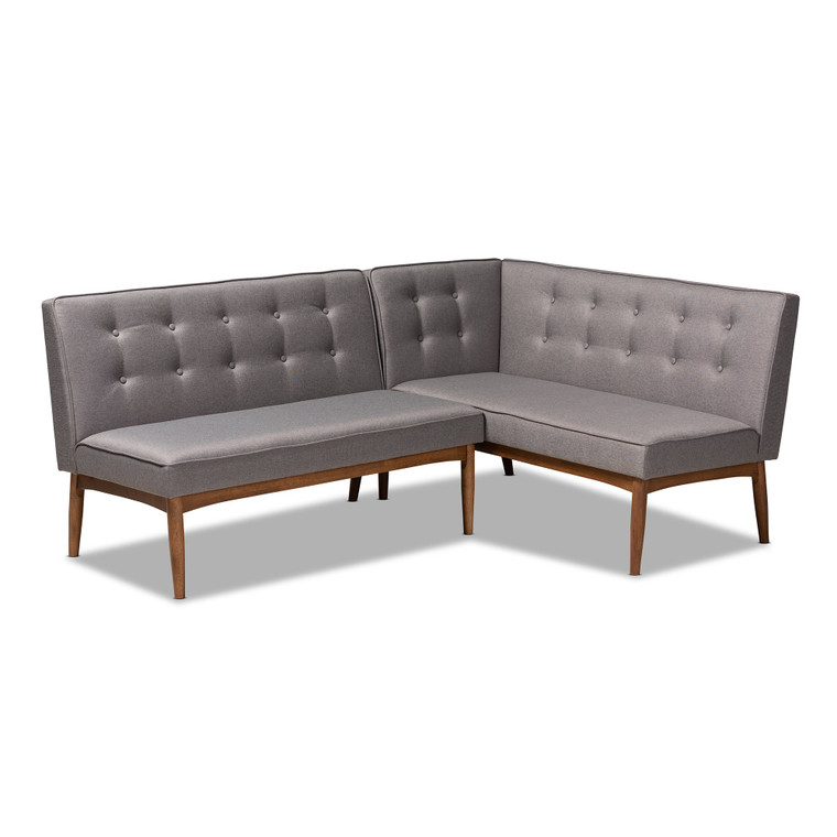 Baxton Arvid Mid-Century Modern Gray Fabric Upholstered 2-Piece Wood Dining Corner Sofa Bench BBT8051-Grey-2PC SF Bench
