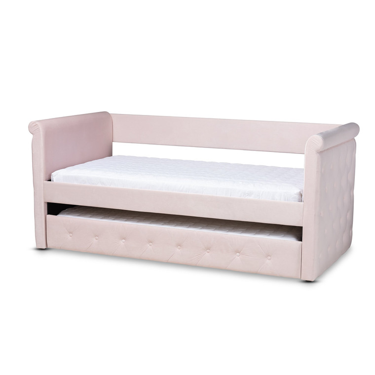 Baxton Amaya Modern And Contemporary Light Pink Velvet Fabric Upholstered Twin Size Daybed With Trundle CF8825-Light Pink-Daybed-T/T