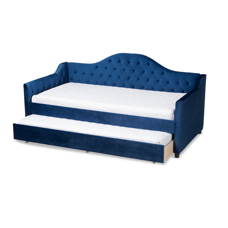 Baxton Perry Modern And Contemporary Royal Blue Velvet Fabric Upholstered And Button Tufted Twin Size Daybed With Trundle CF8940-Navy Blue-Daybed-T/T