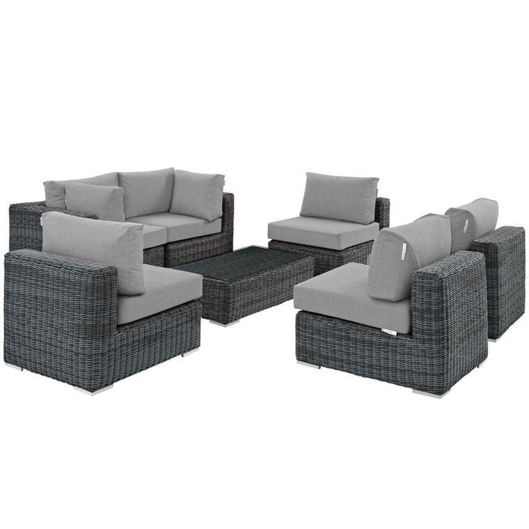 EEI-1897-GRY-GRY-SET Summon 7 Piece Outdoor Patio Wicker Rattan Sunbrella Sectional Set