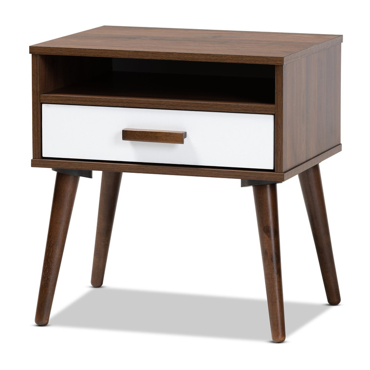 Baxton Quinn Mid-Century Modern Two-Tone White And Walnut Finished 1-Drawer Wood End Table ET8002-Columbia Walnut/White-ET