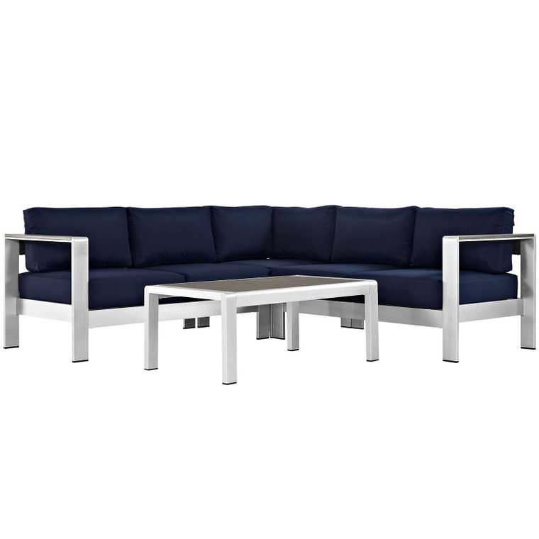 Modway Shore 4-Piece Outdoor Patio Aluminum Sectional Sofa Set-Silver/Navy EEI-2559