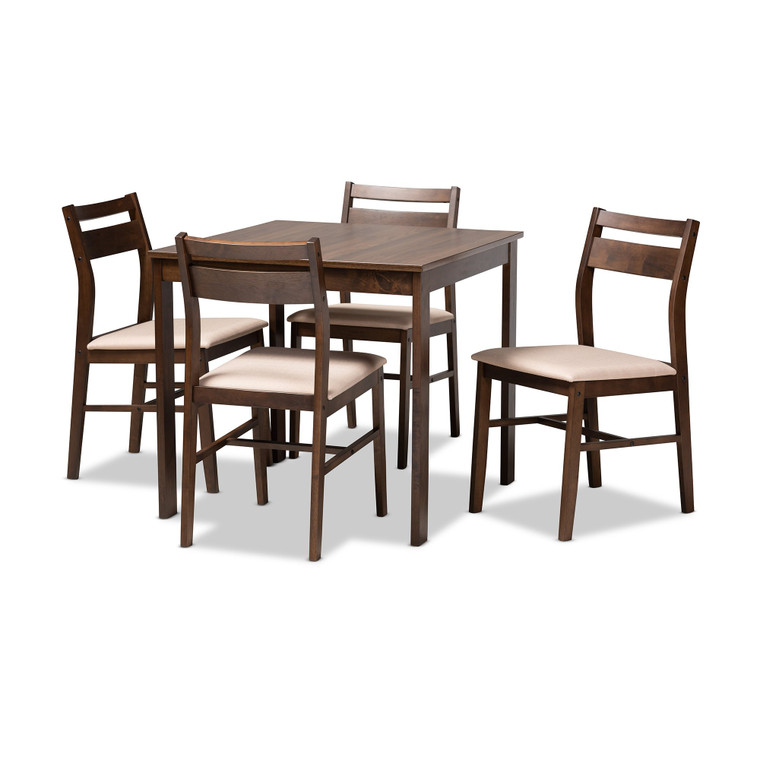 Baxton Lovy Modern And Contemporary Beige Fabric Upholstered Dark Walnut-Finished 5-Piece Wood Dining Set Lovy Dining Set-Beige/Dark Walnut