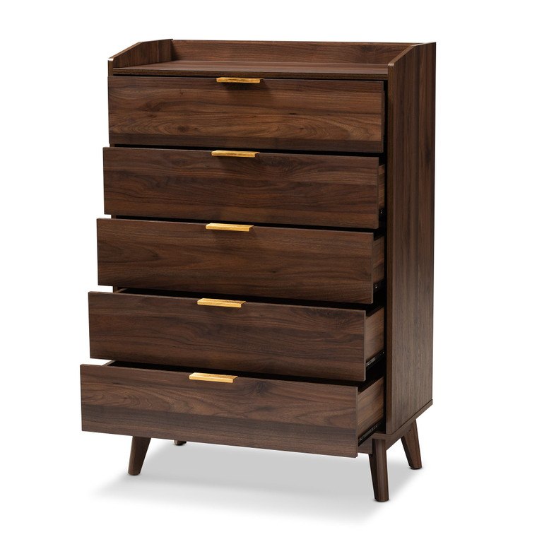 Baxton Lena Mid-Century Modern Walnut Brown Finished 5-Drawer Wood Chest LV4COD4232WI-Columbia-5DW-Chest