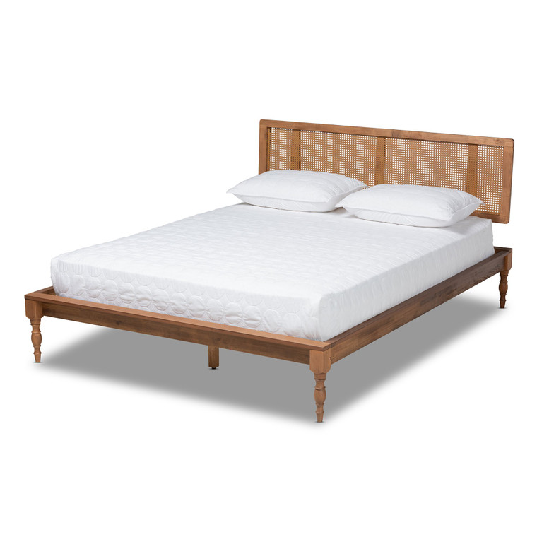 Baxton Romy Vintage French Inspired Ash Wanut Finished Wood And Synthetic Rattan Full Size Platform Bed MG0005-Ash Walnut Rattan-Full