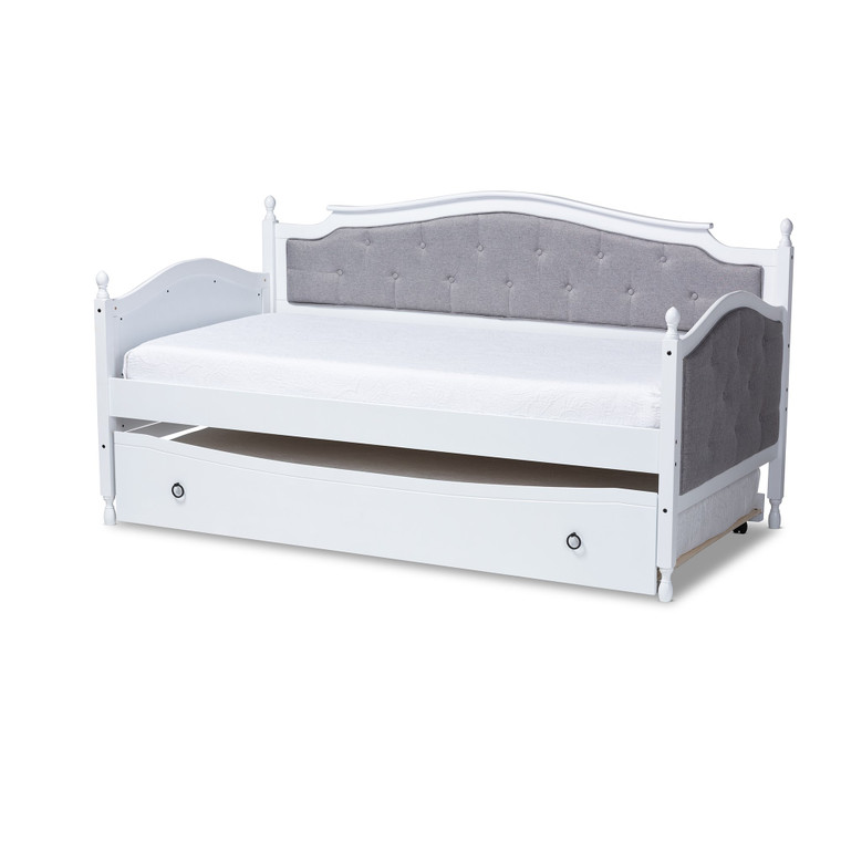 Baxton Marlie Classic And Traditional Grey Fabric Upholstered White Finished Wood Twin Size Daybed With Trundle MG0034-Grey/White-Daybed