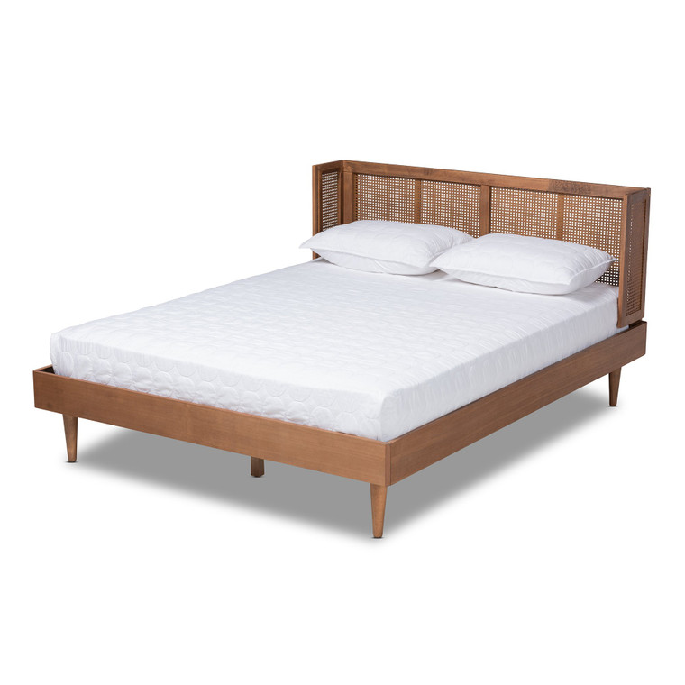 Baxton Rina Mid-Century Modern Ash Wanut Finished Wood And Synthetic Rattan Queen Size Platform Bed With Wrap-Around Headboard MG97151-Ash Walnut Rattan-Queen