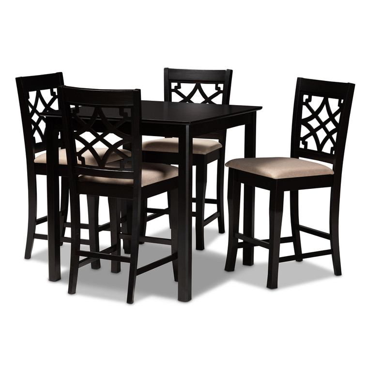 Baxton Nisa Modern And Contemporary Sand Fabric Upholstered Espresso Brown Finished 5-Piece Wood Pub Set RH321P-Sand/Dark Brown-5PC Pub Set