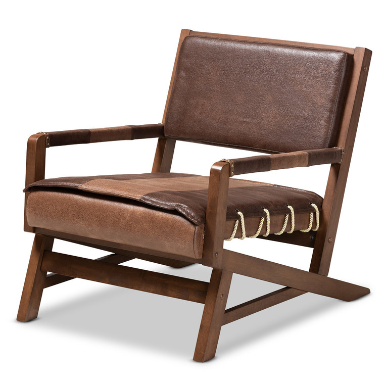 Baxton Rovelyn Rustic Brown Faux Leather Upholstered Walnut Finished Wood Lounge Chair Rovelyn-Dark Brown/Walnut-CC