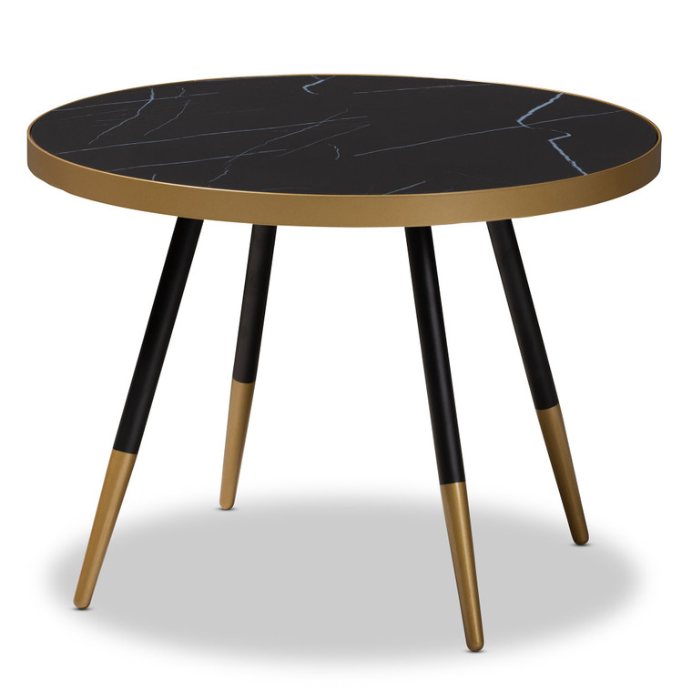 Baxton Lauro Modern And Contemporary Round Glossy Marble And Metal Coffee Table With Two-Tone Black And Gold Legs RS660-MB-CT