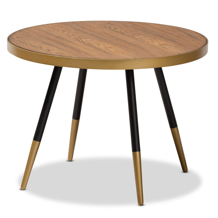 Baxton Lauro Modern And Contemporary Round Walnut Wood And Metal Coffee Table With Two-Tone Black And Gold Legs RS660-W-CT