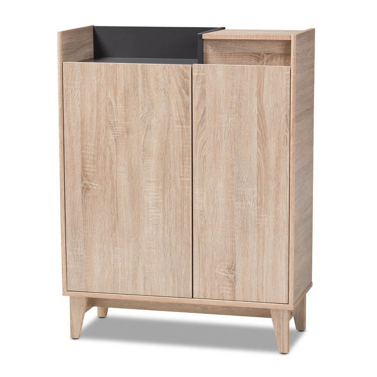 Baxton Fella Mid-Century Modern Two-Tone Oak Brown And Dark Gray Entryway Shoe Cabinet With Lift-Top Storage Compartment SESC7008-Hana Oak-Shoe Cabinet