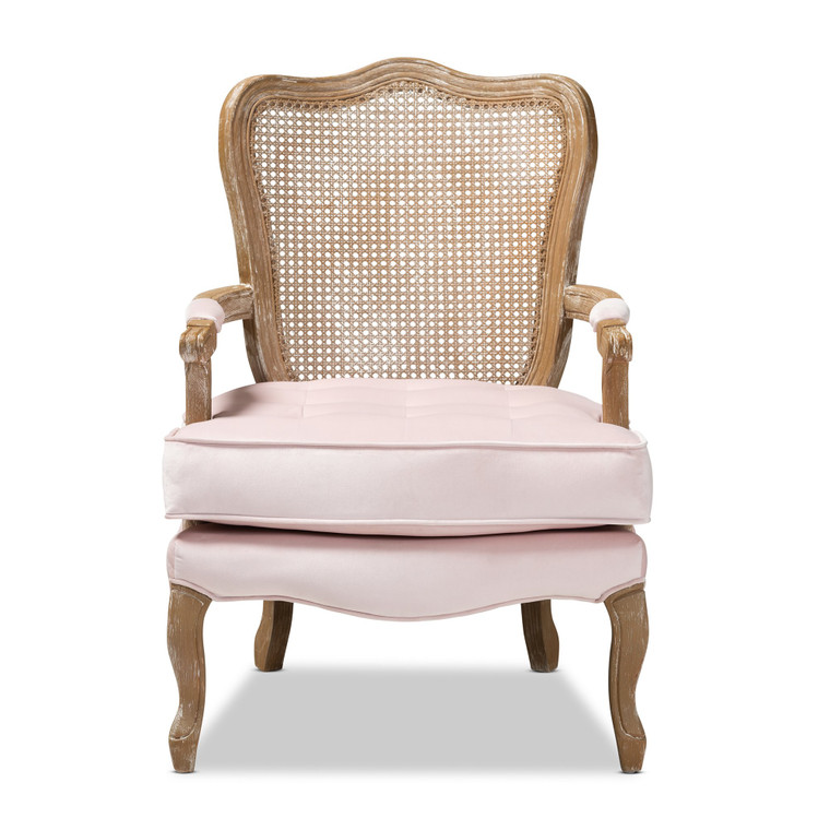 Baxton Vallea Traditional French Provincial Light Pink Velvet Fabric Upholstered White-Washed Oak Wood Armchair TSF7764-Light Pink-CC