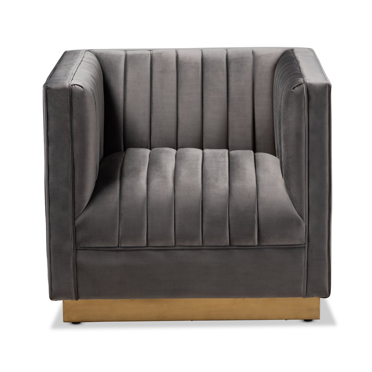 Baxton Aveline Glam And Luxe Grey Velvet Fabric Upholstered Brushed Gold Finished Armchair TSF-BAX66111-Grey/Gold-CC