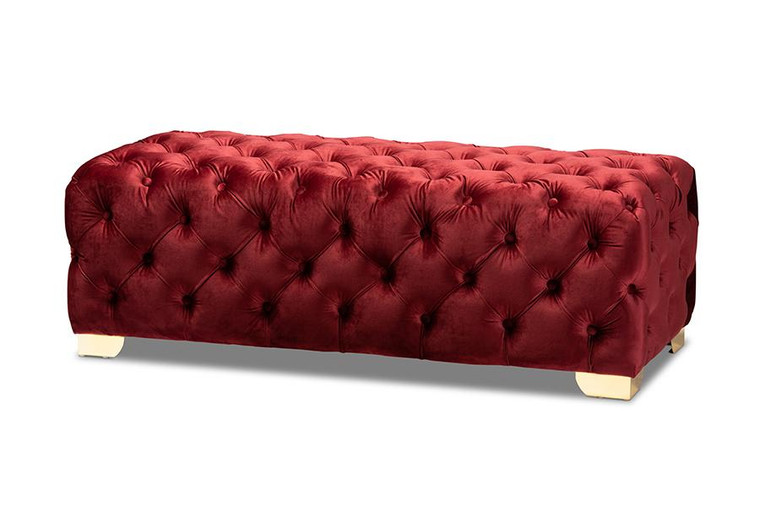 Baxton Avara Glam And Luxe Burgundy Velvet Fabric Upholstered Gold Finished Button Tufted Bench Ottoman TSFOT028-Burgundy/Gold-Otto