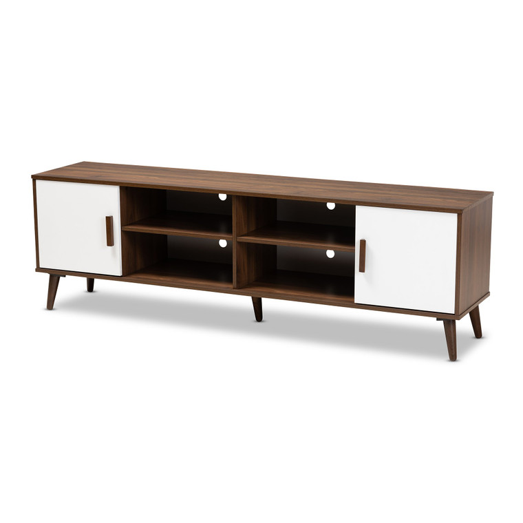 Baxton Quinn Mid-Century Modern Two-Tone White And Walnut Finished 2-Door Wood Tv Stand TV8003-Columbia Walnut/White-TV