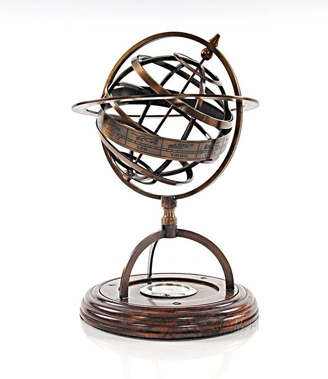 AK023 Brass Armillary with Compass on Wood Base