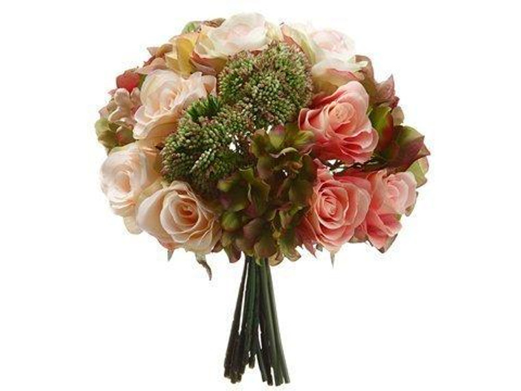 11" Hydrangea/Rose/Sedum Bouquet Pink Green 6 Pieces FBQ056-PK/GR