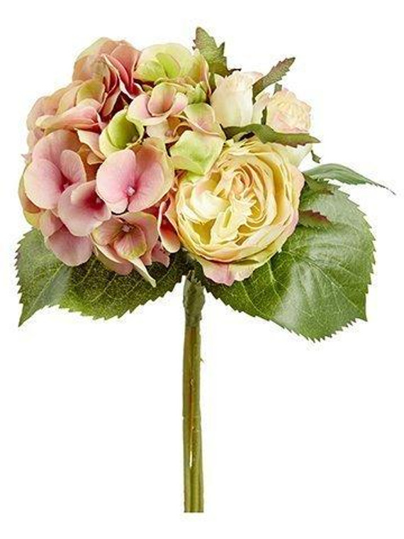 11" Hydrangea/Rose Bouquet Rose Green 6 Pieces FBQ105-RO/GR