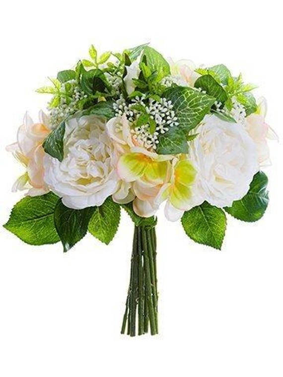 10" Rose/Hydrangea Bouquet  White Peach 6 Pieces FBQ835-WH/PE