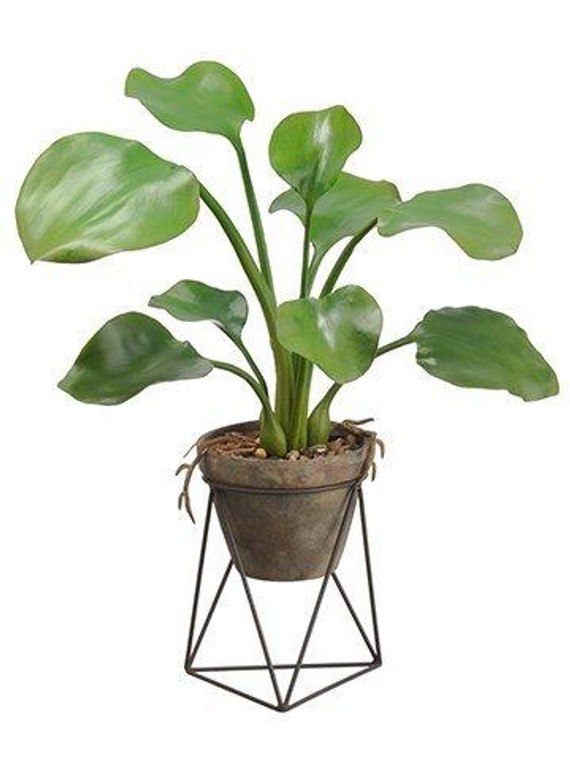 26" Water Hyacinth Leaf Plant In Terra Cotta Pot With Stand Green 2 Pieces LPW006-GR