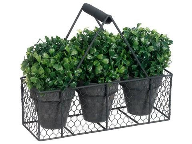 9.75" Boxwood Ball-Shaped Topiary In Paper Mache Pot X3 W/Metal Basket Green 4 Pieces LQB126-GR