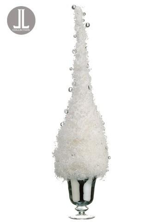 30" Beaded Ice Cone Topiary In Glass Vase White 2 Pieces XAZ417-WH