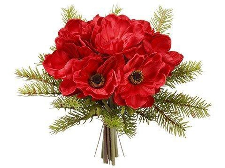 10" Anemone/Pine Bouquet Red Green 6 Pieces XDB109-RE/GR
