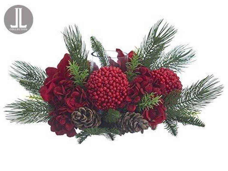 11" Hydrangea/Amaryllis/Berry /Cone/Pine Centerpiece With Glass Candleholder Red Green XDC160-RE/GR