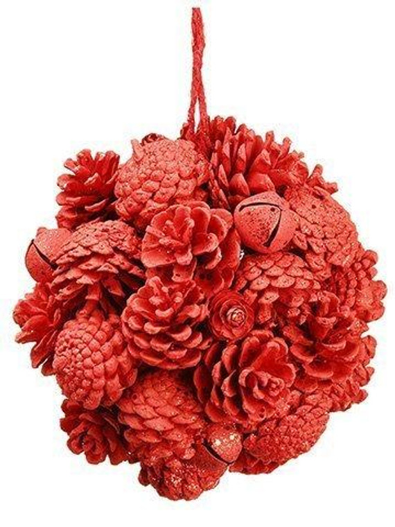 7" Glittered Pine Cone/Bell Ball Ornament Glittered Red 4 Pieces XN5351-RE/GL
