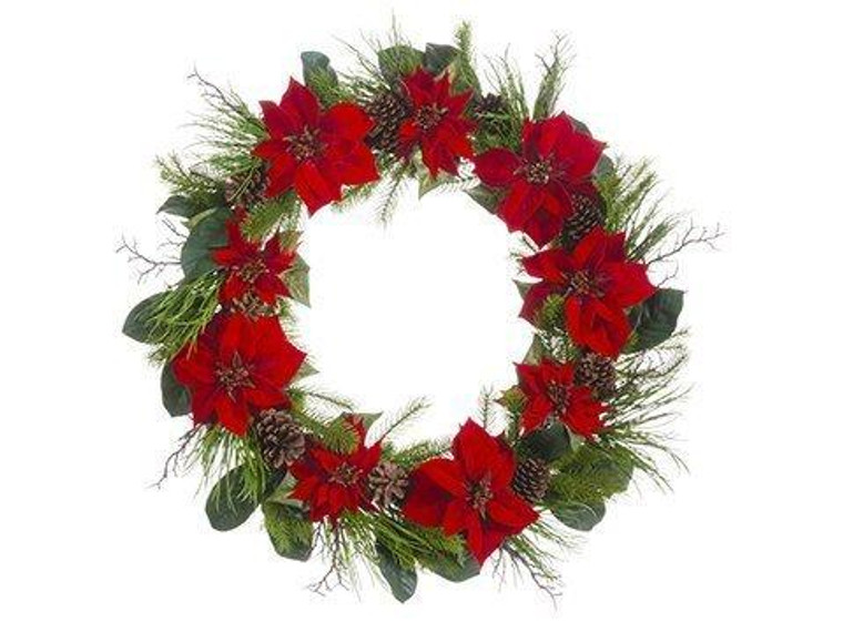36" Velvet Poinsettia/Pine Cone/Pine Wreath Red Green XPW036-RE/GR