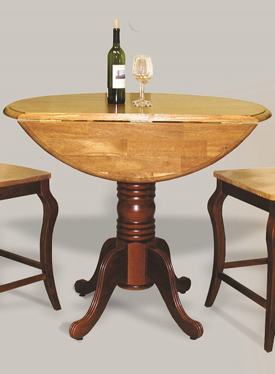 Round Drop Leaf Pub Table In Nutmeg With Light Oak Finish Top