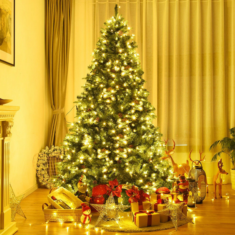 7.5 Ft Pre-Lit Artificial Christmas Tree W/ 540 Led Lights & Pine Cones CM20636