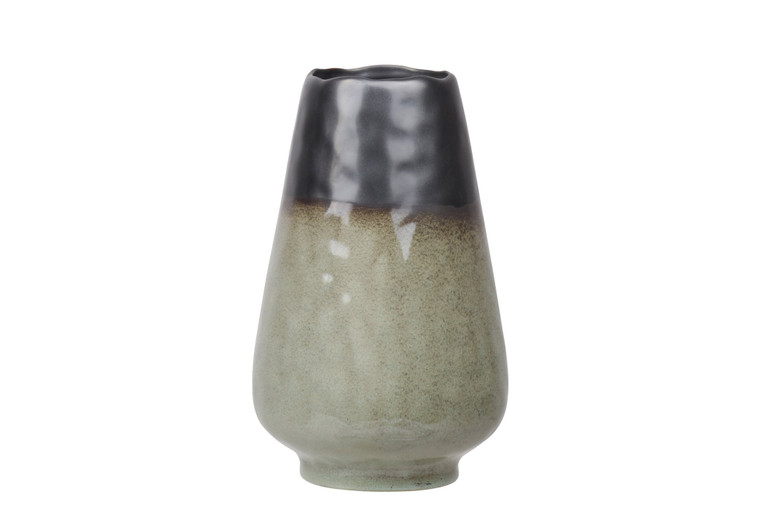 Stoneware Round Bellied Vase With Irregular Rim Mouth, Black Banded Top, Speckle Design Body And Base Lg Gloss Finish Moss Green 11457
