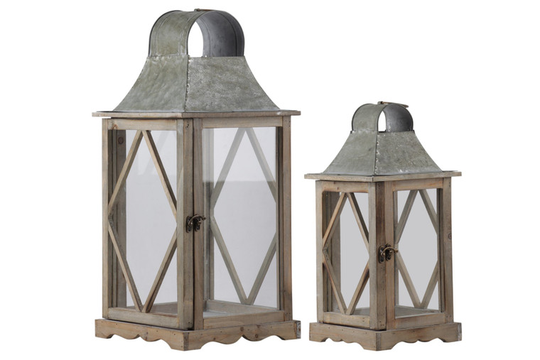 Wood Square Lantern With Metal Top, Ring Handle And Side Diamond Design Body Set Of Two Natural Wood Finish Brown 23805