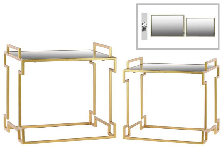 Metal Rectangular Nesting Accent Table With Mirror Top, Side Handles And Round Base Set Of Two Metallic Finish Gold 36122