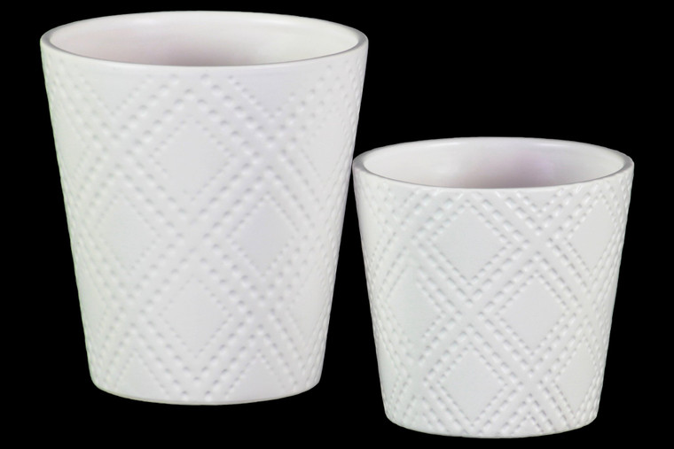 Ceramic Round Pot With Embossed Classic Pattern Set Of 2 - White 37324
