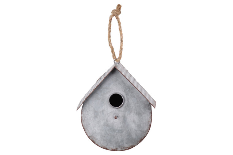 Metal Bird House With Gabled Roof Rope Hanger Galvanized Finish Gray 42118