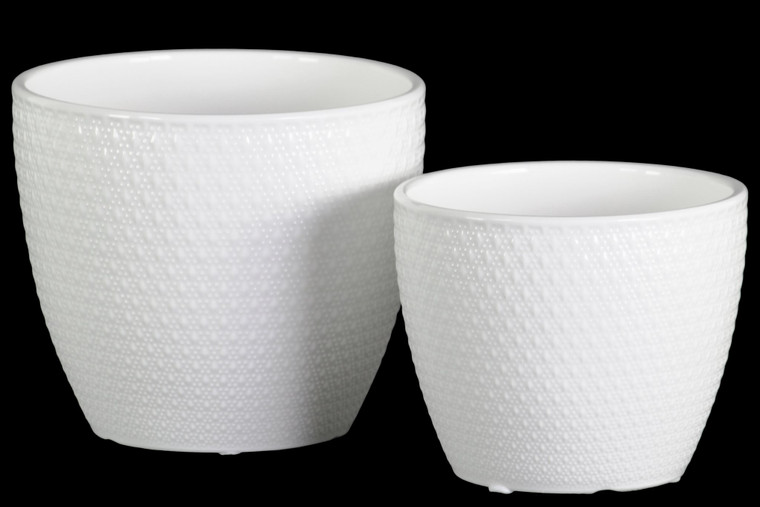 Ceramic Round Embossed Diamond Pot Set Of 2 - Gloss White 51800