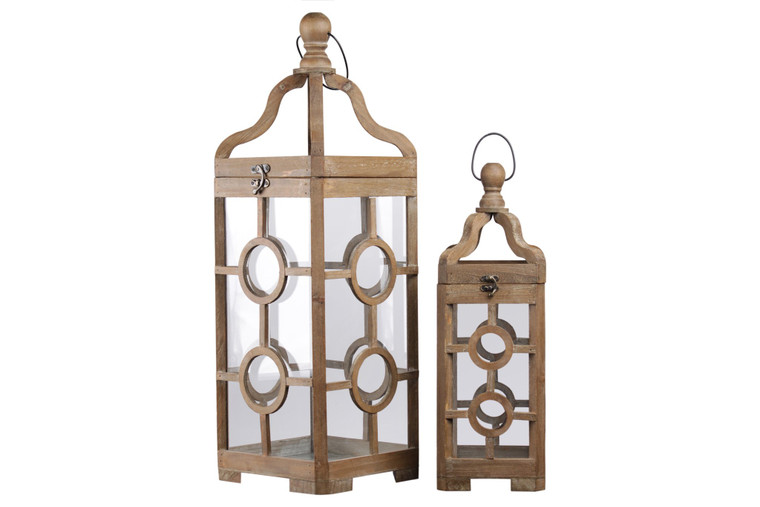 Wood Square Lantern With Round Finial Top, Metal Ring Handle And Double Circle Design Body Set Of Two Natural Finish Brown 54208